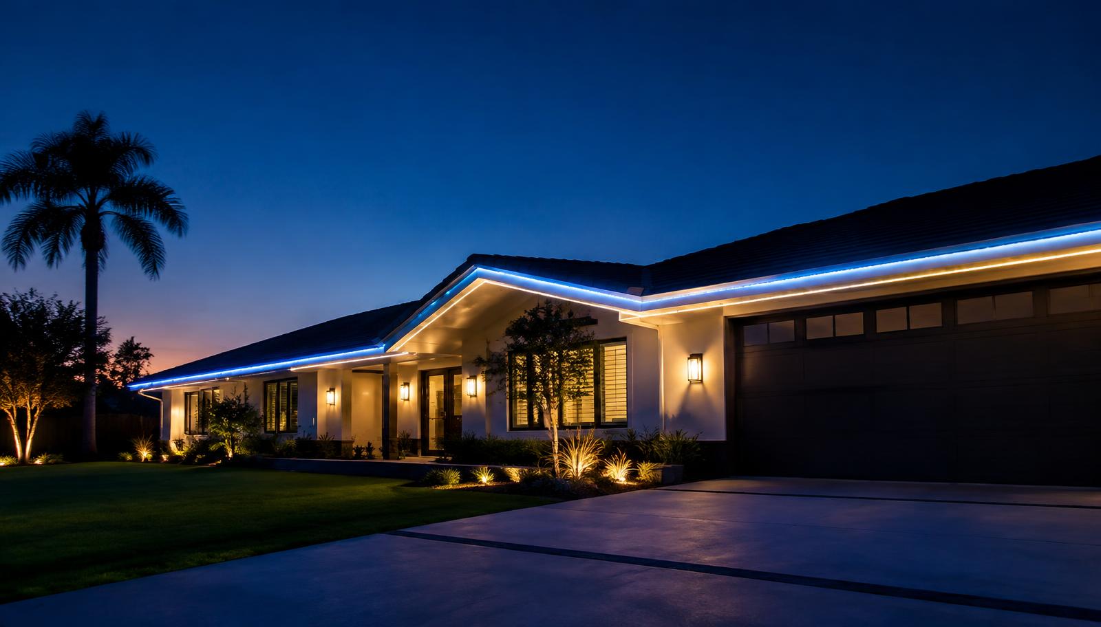 California home with permanent LED roofline lighting at dusk